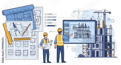 Construction workers reviewing blueprints and digital plans on a computer screen.