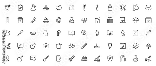 Labs Experience icon set. Science lab vector pack. Minimal thin line icons. Includes experiment, test tube, flask, dna, medical, research, sample, plant, protection, liquid, formula and more.