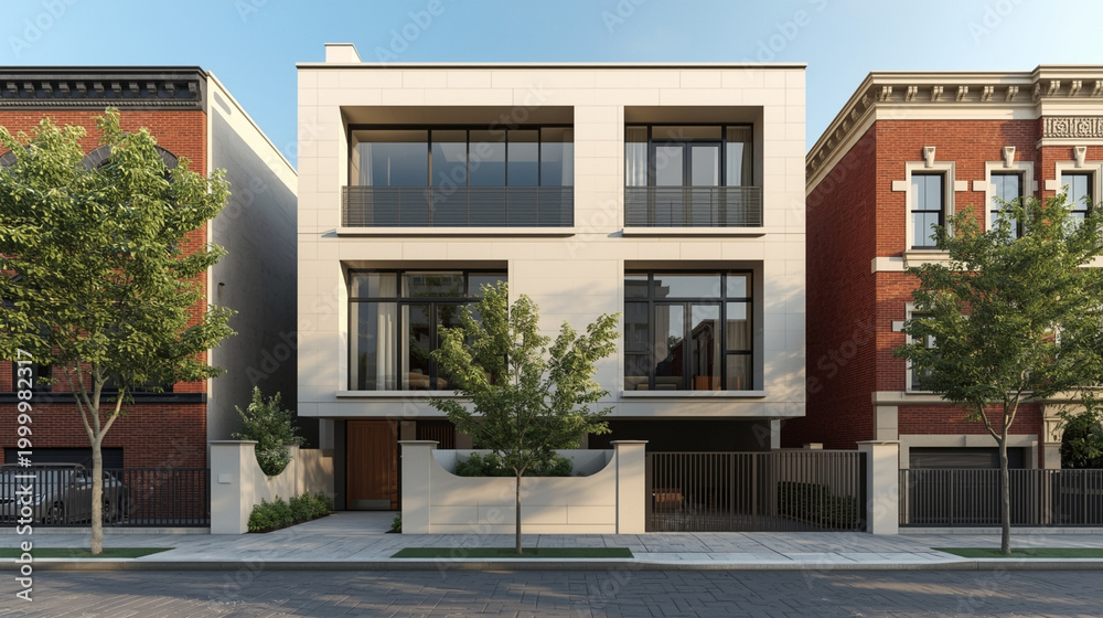 Fototapeta premium Modern Minimalist Townhouse Facade Architecture, Generative AI