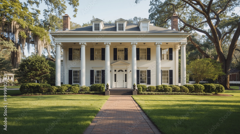 Fototapeta premium Southern colonial style white mansion with grand pillars generative AI