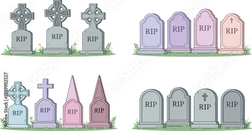 Vector illustration collection of various graveyard tombstones and headstones with rip text for halloween design.
