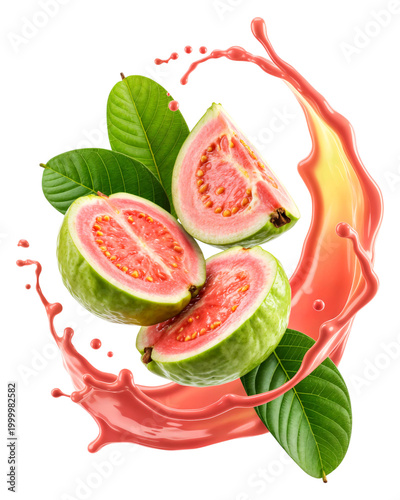 Fresh pink guava slices with red juice splash and green leaves floating in air on transparent background
