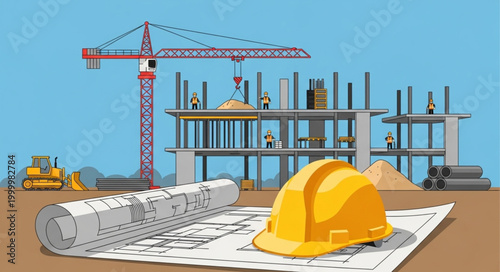 Construction site with crane blueprint and hard hat.