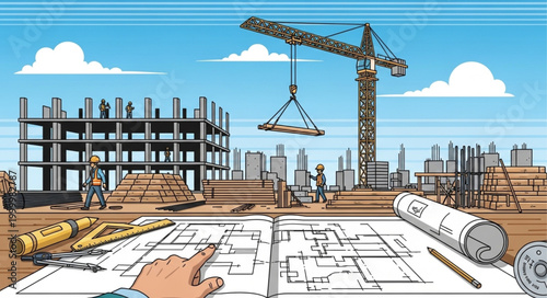 Construction Site With Crane Blueprint.