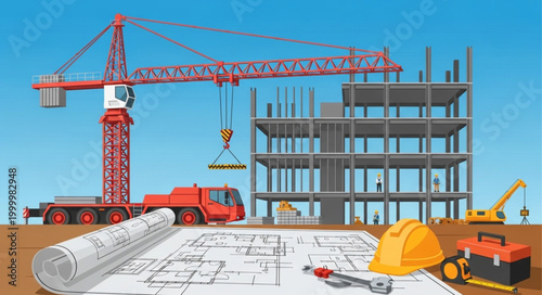 Construction Site with Crane Blueprint.