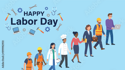 Diverse group of multi-ethnic professionals and workers walking together to celebrate Happy Labor Day against a blue background.