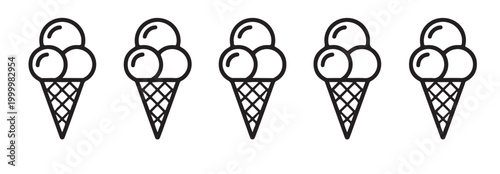 Row of Triple Scoop Ice Cream Cone Line Icons