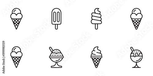 Minimalist ice cream and frozen dessert line icons set
