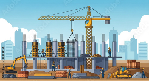 Construction Site With Crane Workers.