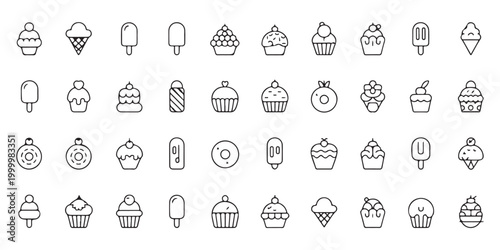 Large Collection of Dessert and Ice Cream Line Icons