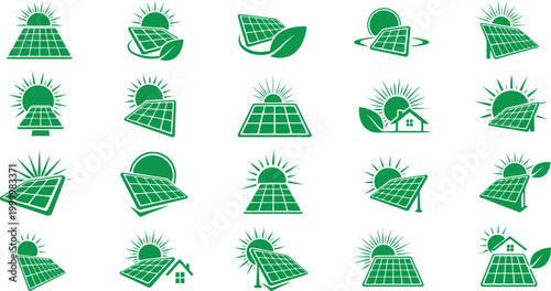 Green solar panel renewable energy sun and house icons.