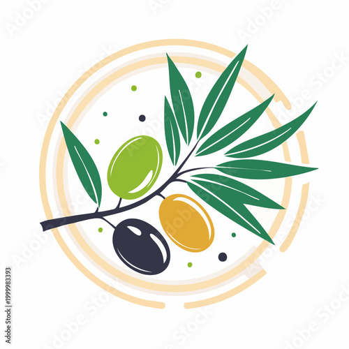 Olive Branch with Green, Yellow, and Black Olives