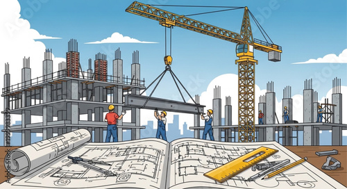 Construction Site with Crane Workers.