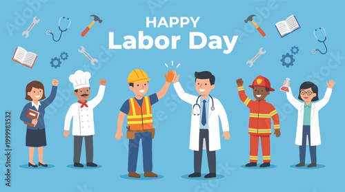 Diverse group of professionals celebrating together with high fives and cheers to commemorate Happy Labor Day in a flat vector illustration.