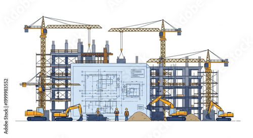 Construction Site With Cranes and Blueprints.