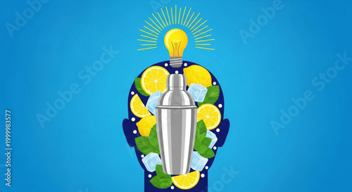 Cocktail shaker inside a stylized head with citrus fruits and mint representing a creative idea for drinks isolated on blue background