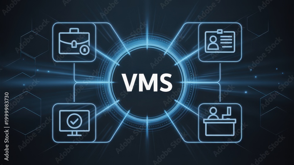 Fototapeta premium VMS Vendor Management System conceptual diagram with icons and glowing blue lights