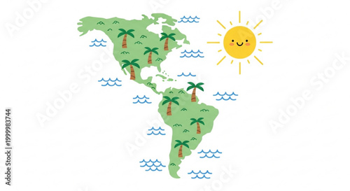 Cartoon sun and map of Americas with palm trees and waves representing tropical climate and travel concepts isolated on white