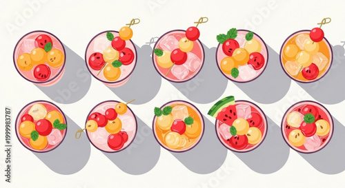 Collection of refreshing fruit cocktails vibrant summer drinks with fresh berries and mint top view for menu design and advertising