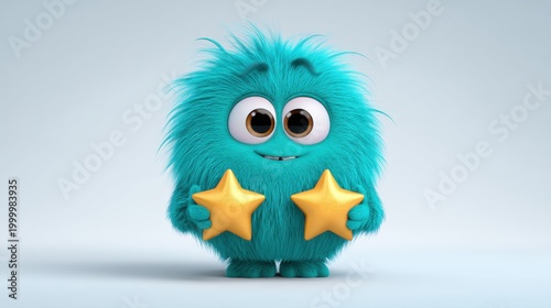 Cute Fluffy Blue Monster Holding Two Golden Stars 3D Character