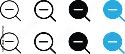 Zoom out magnifying glass icons set in different styles and colors