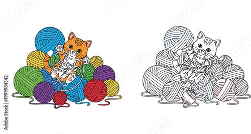 Cute Ginger Kitten Tangled in Colorful Yarn Balls Illustration and Black and White Line Art Coloring Page for Kids, Vector Activity Set of Playful Cat with Multi-colored Wool Skeins