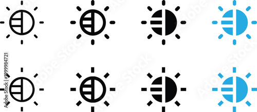 Set of brightness and contrast icons for ui design, sun symbol with rays in different styles