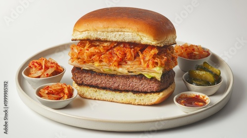 Premium kimchi burger with beef patty fermented cabbage on artisan bun served with Korean condiments and pickled vegetables on white ceramic plate