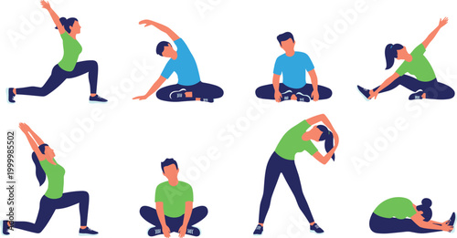 Stretching and Flexibility Icon Set for Fitness, Health, Yoga, and Wellness with Active Poses for Full-Body Warm-Up and Mobility Training