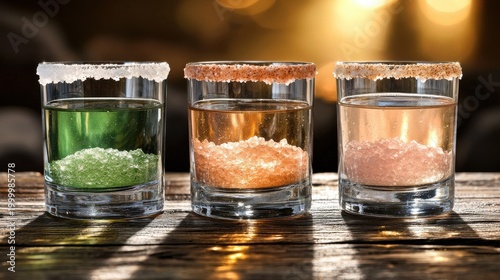 Gourmet margarita salt rim cocktails with colorful specialty salts displayed on rustic wooden bar surface in upscale Mexican restaurant setting