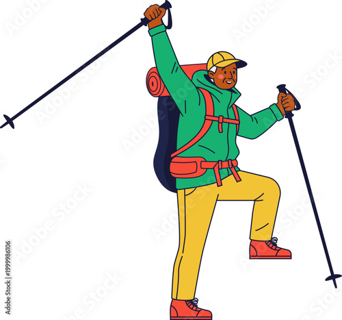 Illustration of a hiker in jacket and pants with huge backpack, celebrating success with raised arms and trekking poles. Ideal for achievement, adventure, or motivational themes and senior vacation.