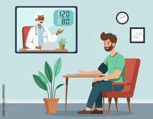 Illustration of a young man at home measuring blood pressure during an online telemedicine consultation. A senior doctor appears on the screen, providing remote health monitoring and advice.