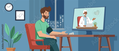 Illustration of a young man at home measuring blood pressure during an online telemedicine consultation. A senior doctor appears on the screen, providing remote health monitoring and advice.