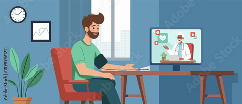 Illustration of a young man at home measuring blood pressure during an online telemedicine consultation. A senior doctor appears on the screen, providing remote health monitoring and advice.
