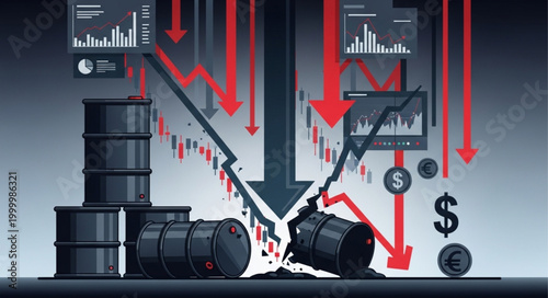 Oil barrels and falling stock market charts indicating economic crisis.
