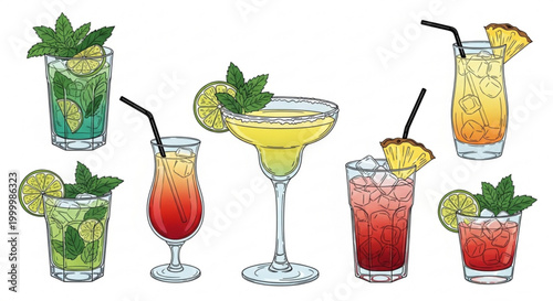 Collection of colorful tropical cocktails refreshing summer drinks with mint and lime flat vector illustration for party and bar menus