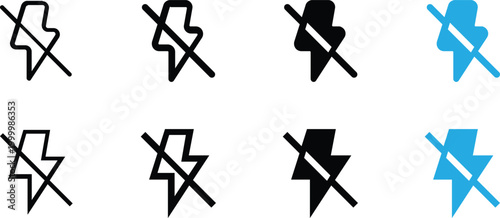 Flash off icon set with lightning bolt and slash in various styles and colors