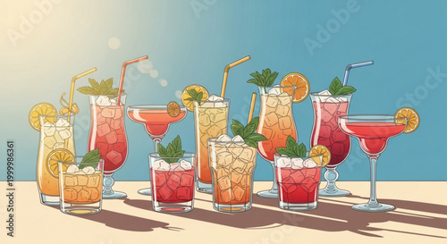 Collection of colorful refreshing cocktails summer drinks with garnishes perfect for bar menus party invitations and vacation themes