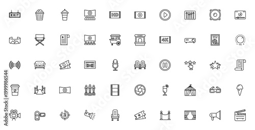 Cinema icon set. Film vector pack. Minimal line icons. Includes symbols for movie, popcorn, ticket, audience, projector, clapperboard, sofa, award and more.