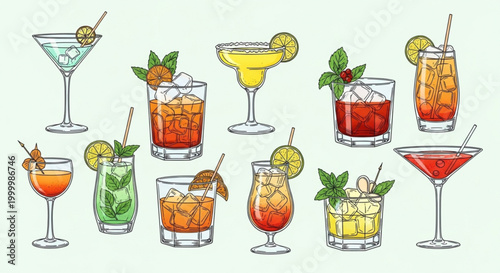 Collection of colorful cocktail illustrations refreshing alcoholic drinks with garnishes for bar menus and party invitations isolated on light bac