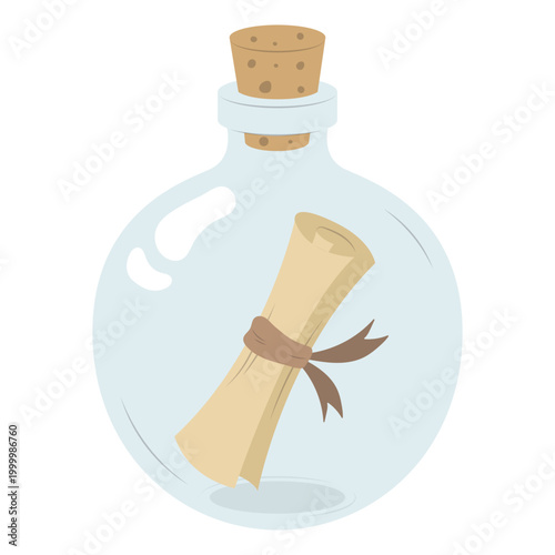 Message in a Bottle Illustration with Rolled Parchment Scroll