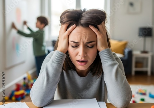 Stressed parent holding head while child plays in background at home