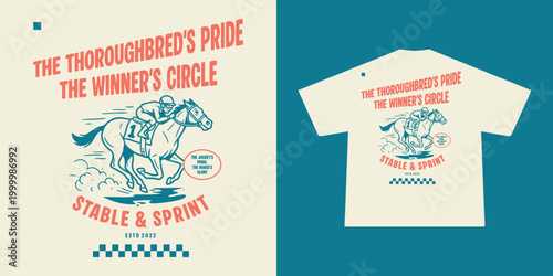 A classic hand-drawn vintage illustration of a jockey riding a horse during a race. Featuring distressed textures, bold typography, Perfect for t-shirt