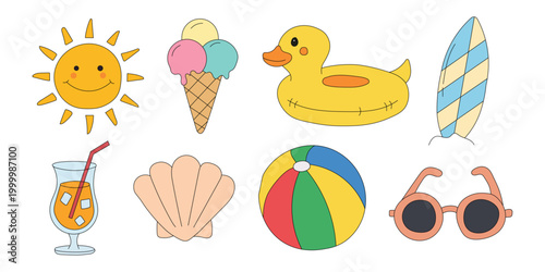 Obraz na plátně Summer beach vacation icon set with sun, ice cream, and duck floaty
