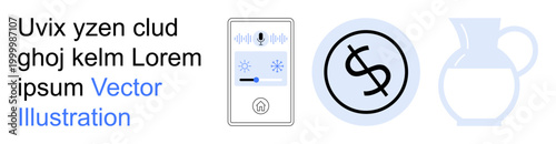 Smart technology, financial transactions, branding, home automation, design inspiration, and minimalism. Digital thermostat, monetary symbol pitcher line art. Smart technology and financial