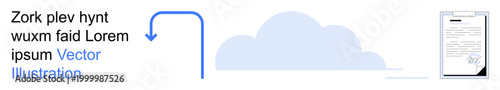 Data storage, cloud technology, digital documentation, online security, file sharing, automation process. An arrow pointing to a digital cloud and a signed document. Cloud technology and digital