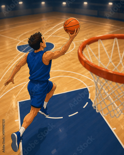 Dynamic shot of a basketball player performing a dunk in an indoor sports arena