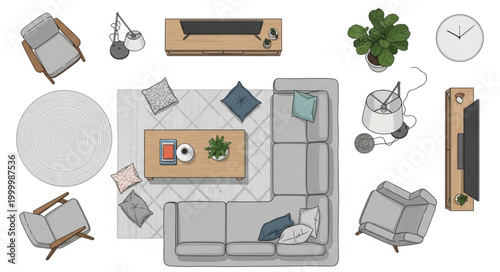 Top view of a modern living room furniture arrangement.