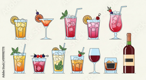Collection of colorful cocktails and drinks flat vector illustrations for bar menus party invitations and summer promotions isolated on 
