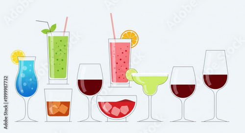 Collection of colorful cocktails and wine glasses flat vector illustration for bar menus parties and summer drinks